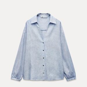 ZARA blue and white linen material long sleeve button down